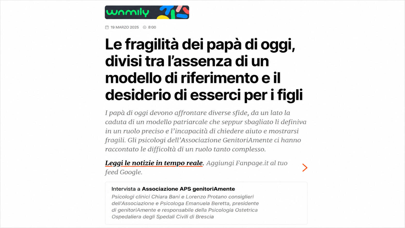 Intervista rilasciata a Fanpage.it in merito al ruolo del padre nella società contemporanea, pubblicata in occasione della Festa del papà.